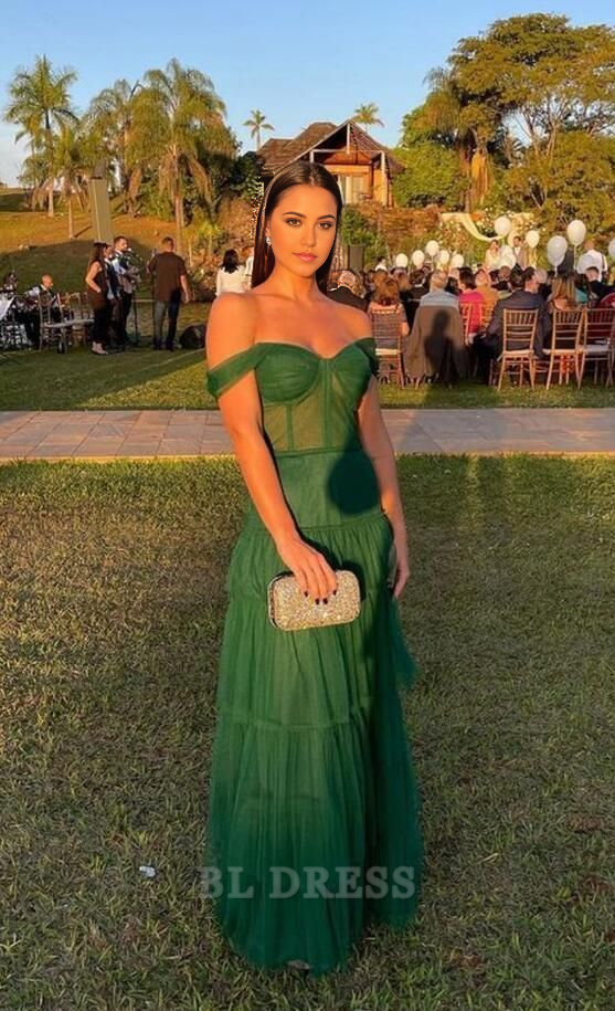 A line Off The Shoulder Tulle Ruffles Layers Green formal dresses Bridesmaid Dresses evening gown Prom Dress