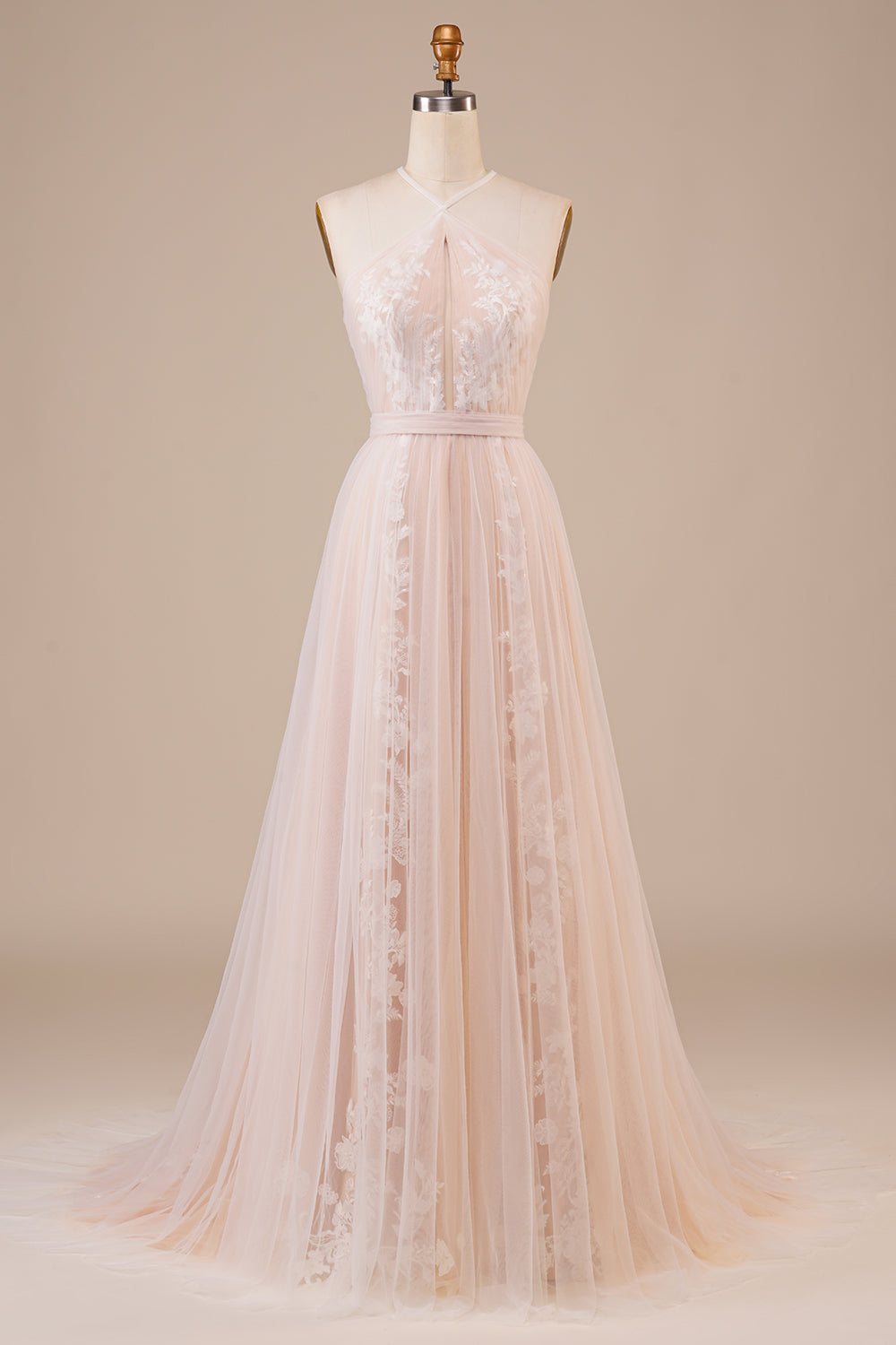 A Line Halter Sweep Train Tulle Wedding Dress with Lace Ivory Champagne