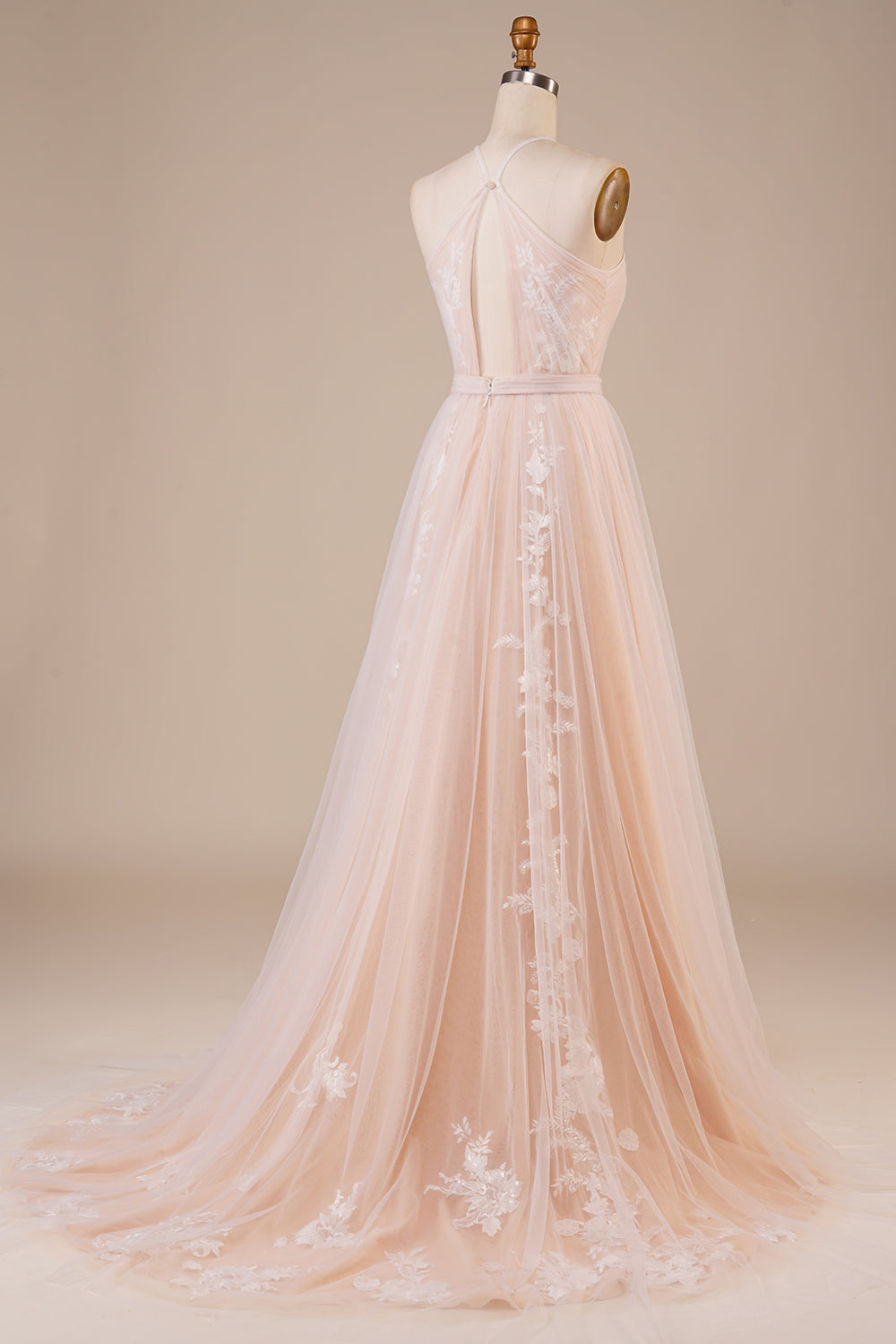 A Line Halter Sweep Train Tulle Wedding Dress with Lace Ivory Champagne
