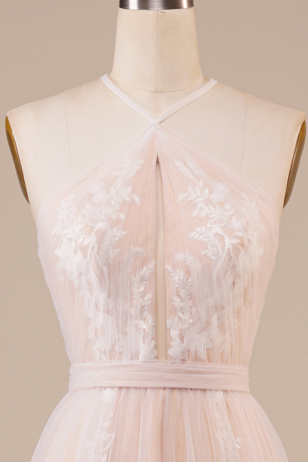 A Line Halter Sweep Train Tulle Wedding Dress with Lace Ivory Champagne