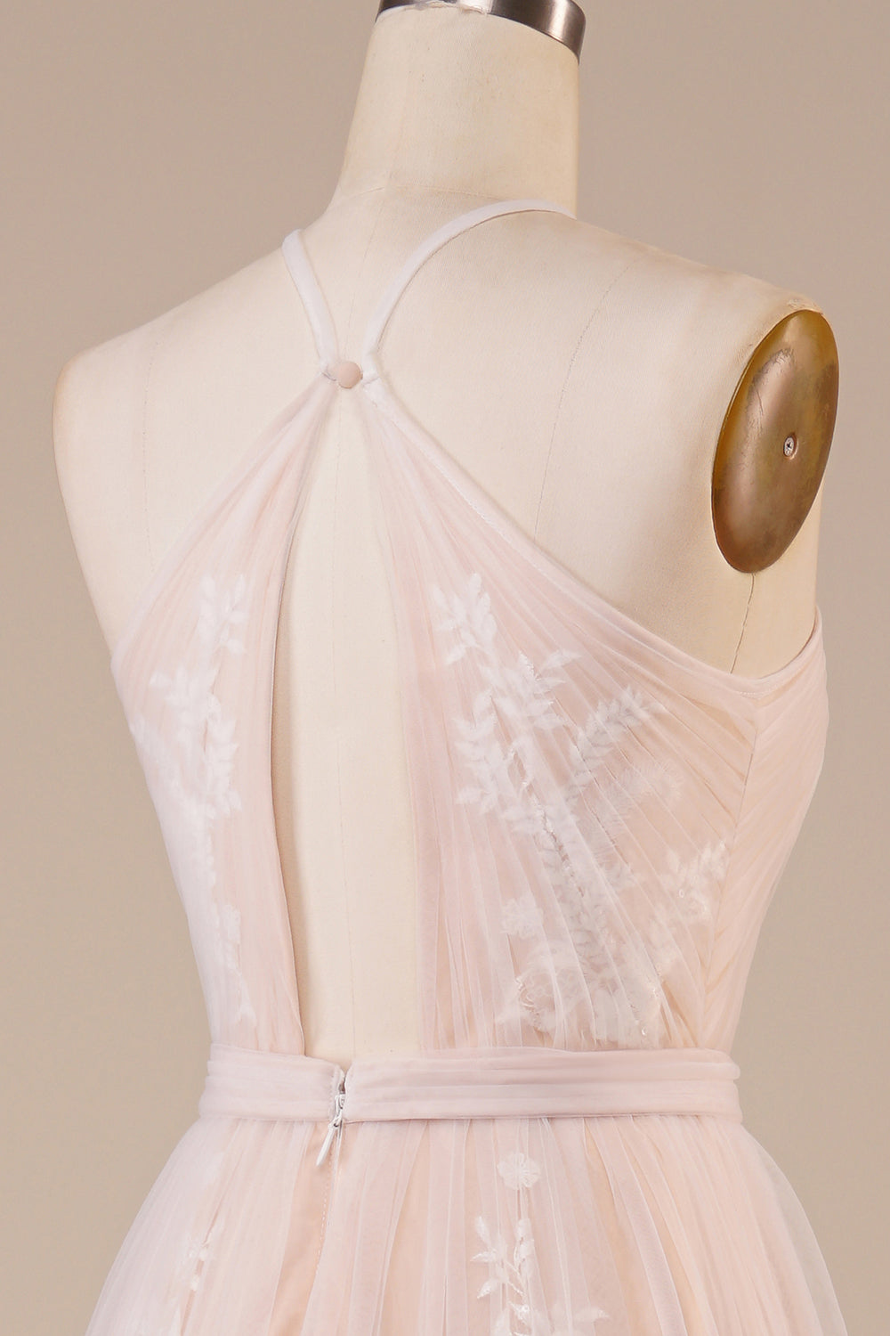 A Line Halter Sweep Train Tulle Wedding Dress with Lace Ivory Champagne