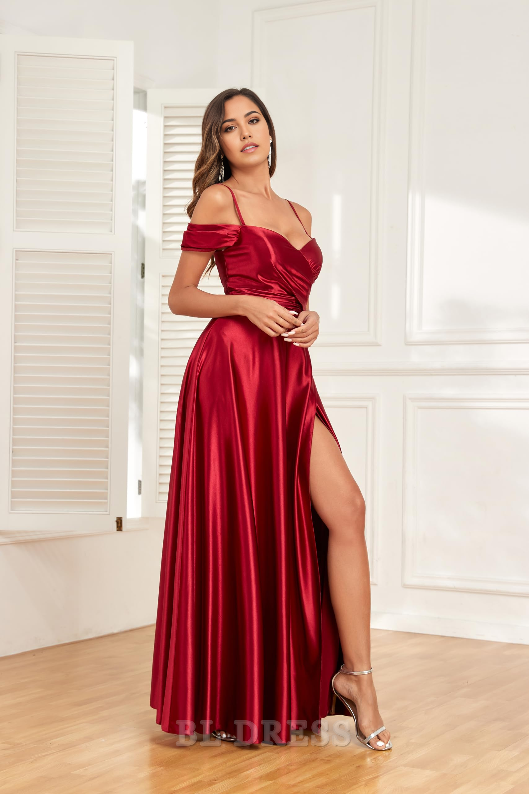 A Line Off Shoulder Satin Spaghetti Strap Long Ruched formal dresses Bridesmaid Dresses evening gown Prom Dress with Slit