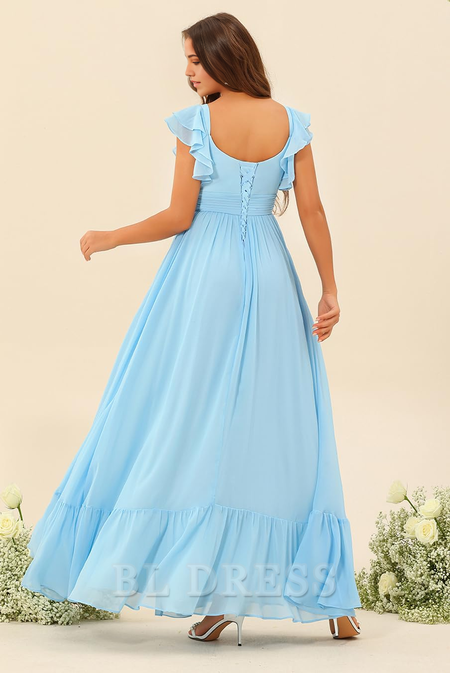 A Line Ruffle Sleeves Long Chiffon formal dresses Bridesmaid Dresses evening gown Prom Dress