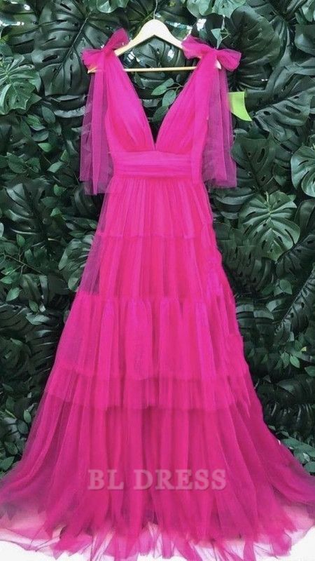 A line V Neckline Tulle Pink Long Layers formal dresses Bridesmaid Dresses evening gown Prom Dress
