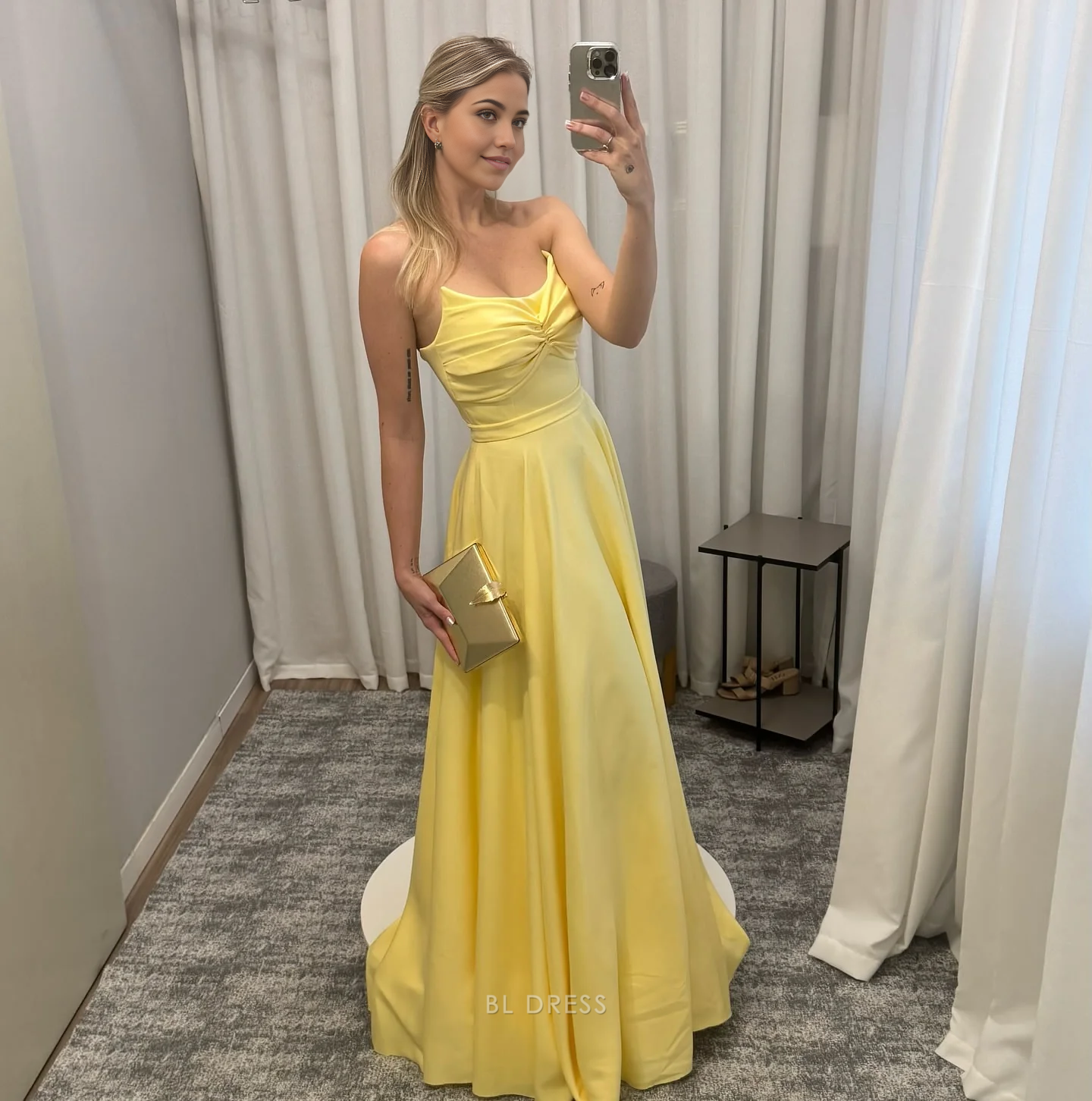 A Line Strapless Satin Yellow formal dresses Bridesmaid Dresses evening gown Prom Dress