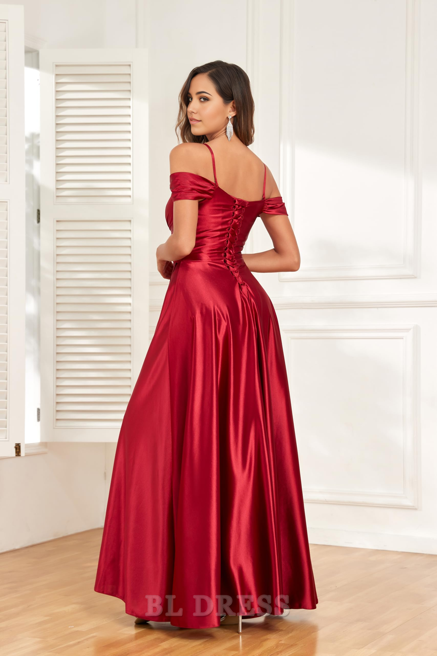 A Line Off Shoulder Satin Spaghetti Strap Long Ruched formal dresses Bridesmaid Dresses evening gown Prom Dress with Slit
