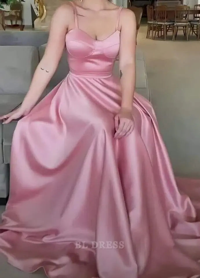 A Line Simple Spaghetti Straps Sleeveless Pink Satin formal dresses Bridesmaid Dresses evening gown Prom Dress