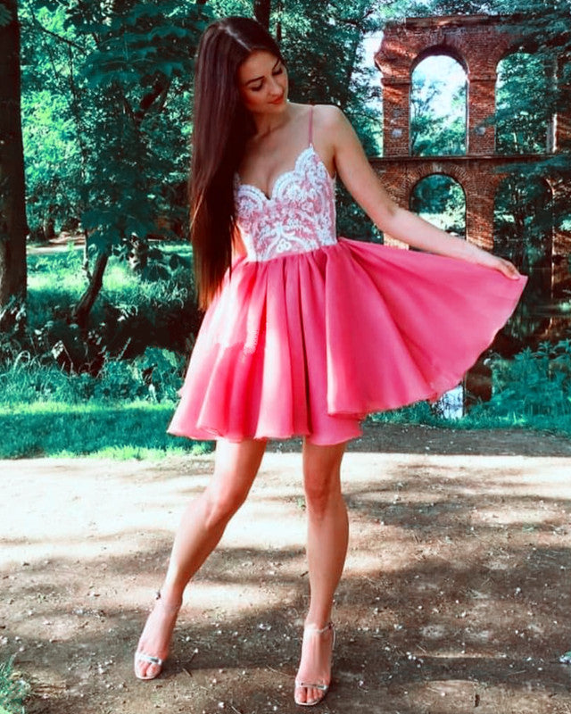 A Line V Neck Organza Homecoming Dresses Lace Appliques