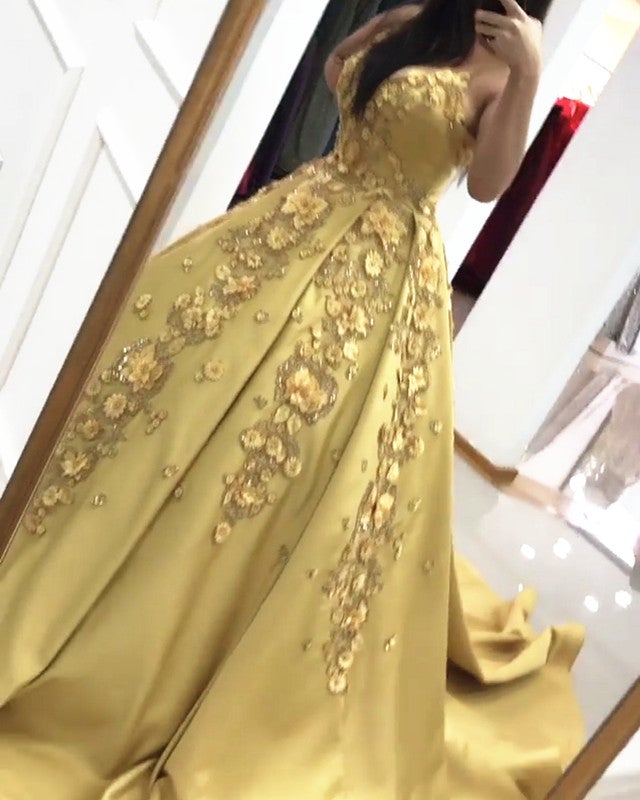 3D Lace Flowers Embroidery Satin Ball Gowns Wedding Dresses Gold
