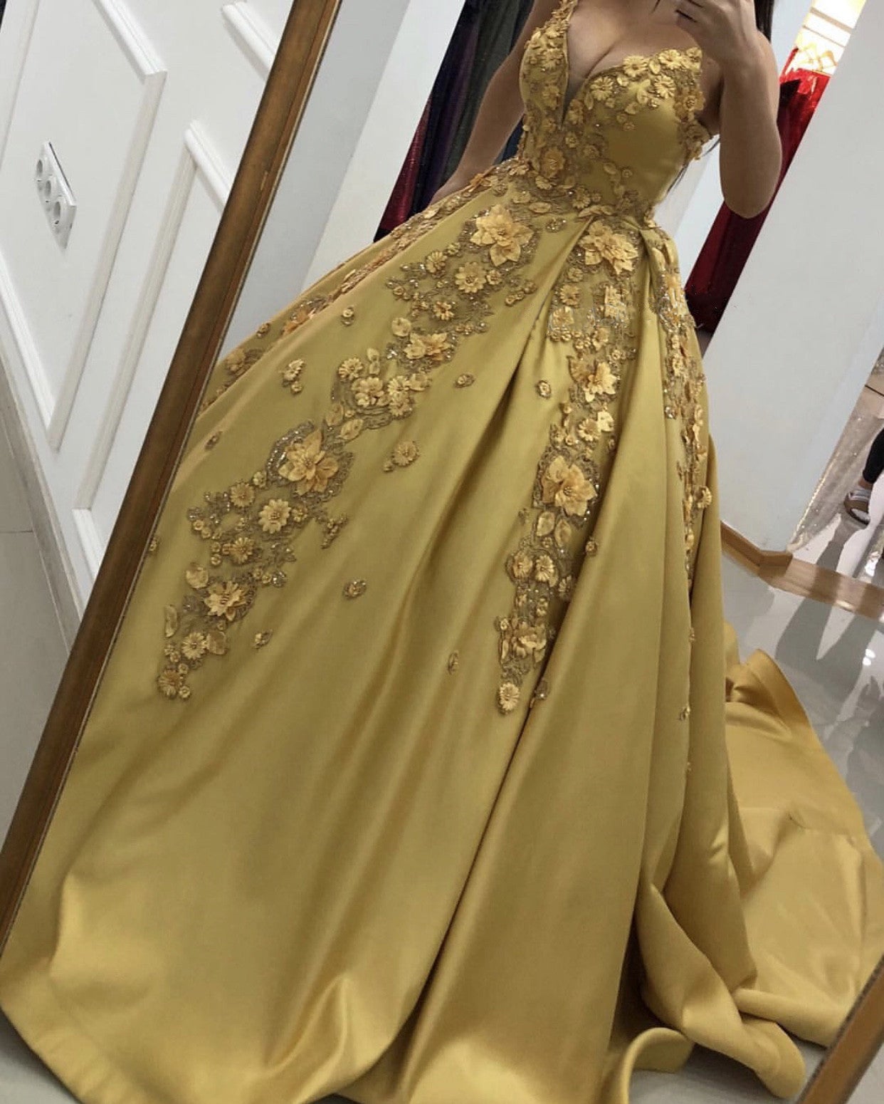3D Lace Flowers Embroidery Satin Ball Gowns Wedding Dresses Gold