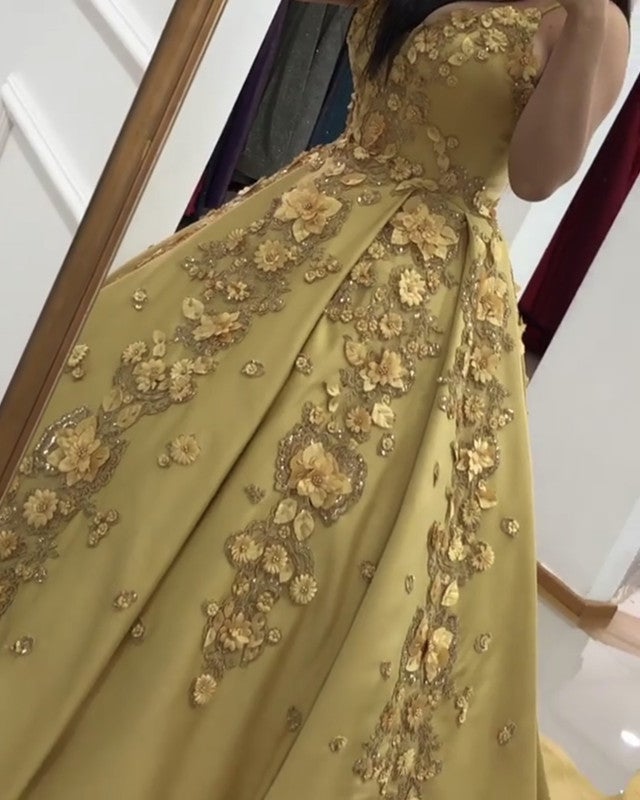 3D Lace Flowers Embroidery Satin Ball Gowns Wedding Dresses Gold