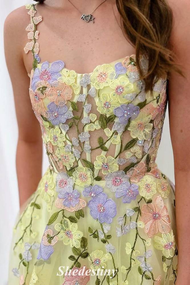 3D Flower A-Line Yellow Sweetheart Tulle Prom Dress