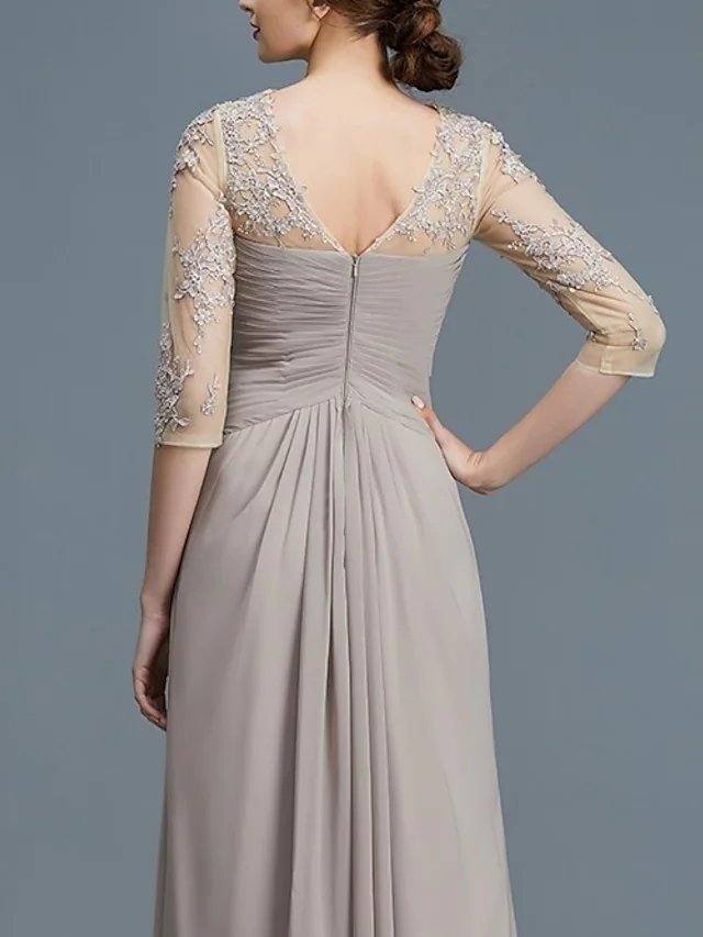 A-Line Mother of the Bride Dress Elegant Illusion Neck Floor Length Chiffon Lace 3/4 Length Sleeve with Lace Appliques Ruching - RongMoon