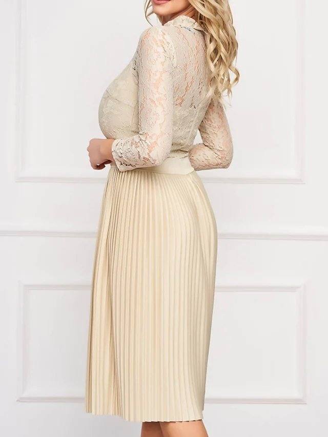 A-Line Mother of the Bride Dress Elegant Jewel Neck Knee Length Chiffon Lace 3/4 Length Sleeve with Pleats Embroidery - RongMoon