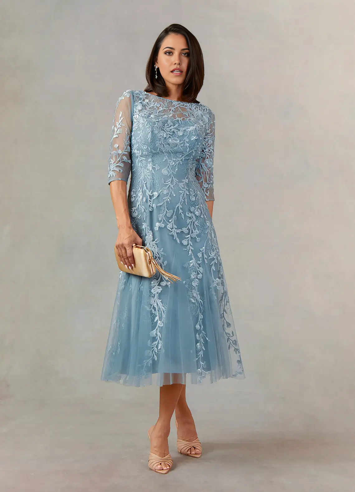 A-Line Boatneck Lace Dusty Blue formal dresses evening dress Mother of the Bride Dresses