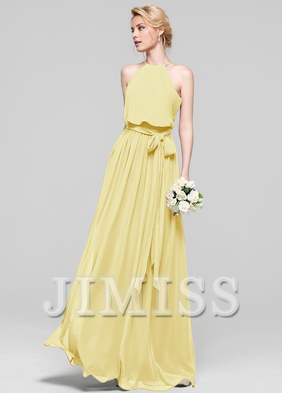 A-line low round neck bow floor mopping chiffon bridesmaid dress