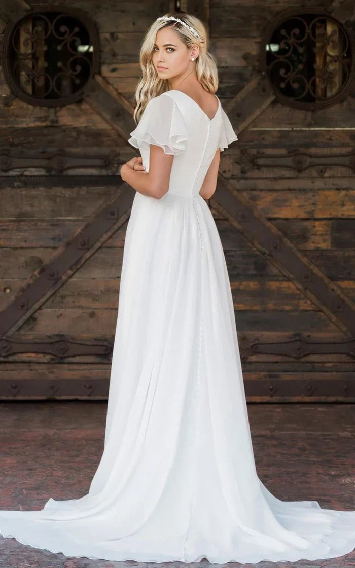 A Line V-neck Chiffon Floor-length Train Short Sleeve Wedding Dress with Ruffles