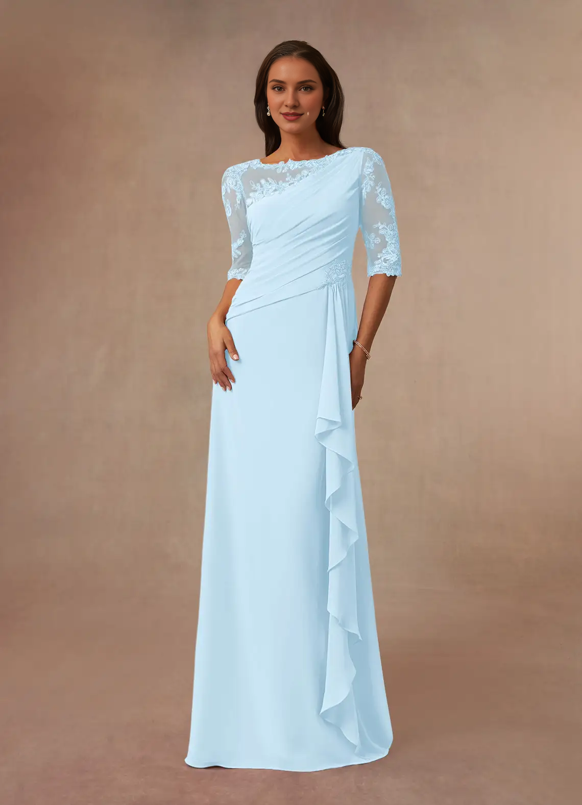 A-line boat collar lace chiffon and floor length mother of the bride dress