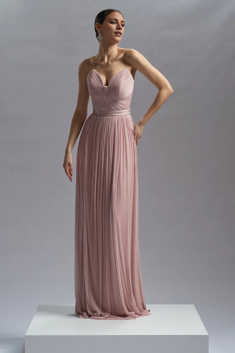 A-line chiffon pleated garment with slit and floor length evening gown