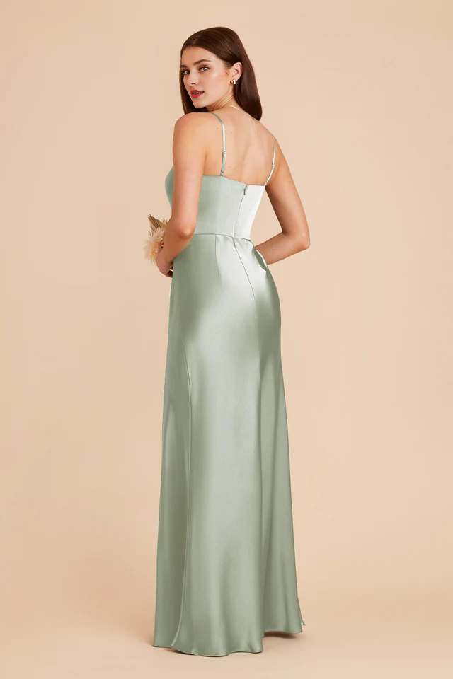 A-line front slit spoon neck satin bridesmaid dress
