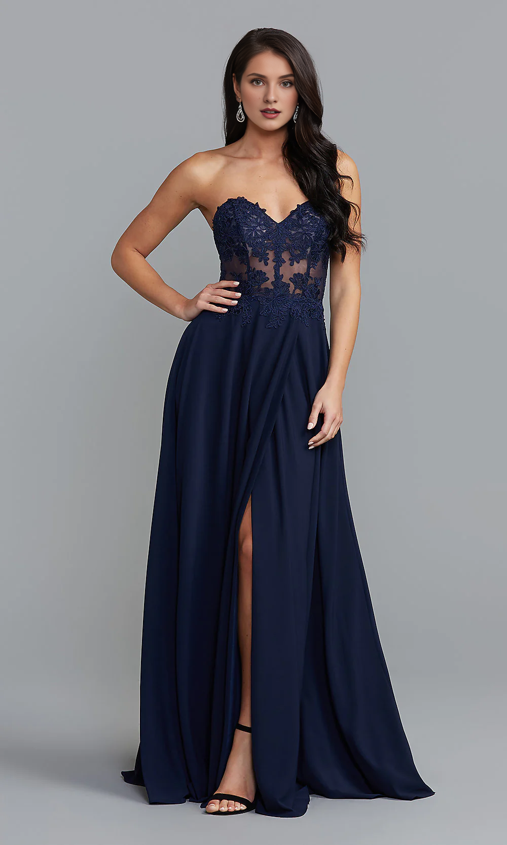 A-line floral embroidery strapless side slit and floor length Prom dress