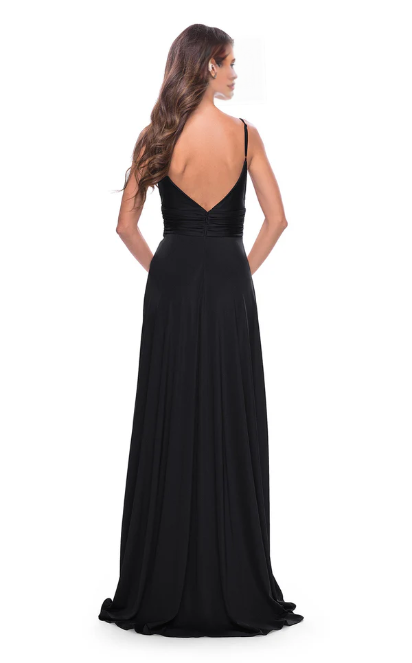 A-line deep V-neck thin shoulder strap exposed back side slit and floor length evening dress
