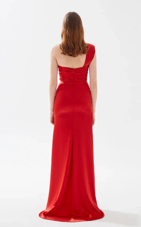 A-line asymmetrical collar tight corset and floor length evening dress