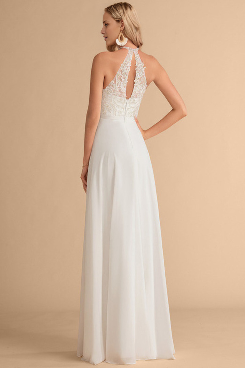 A-line high neck and sleeveless lace chiffon wedding dress