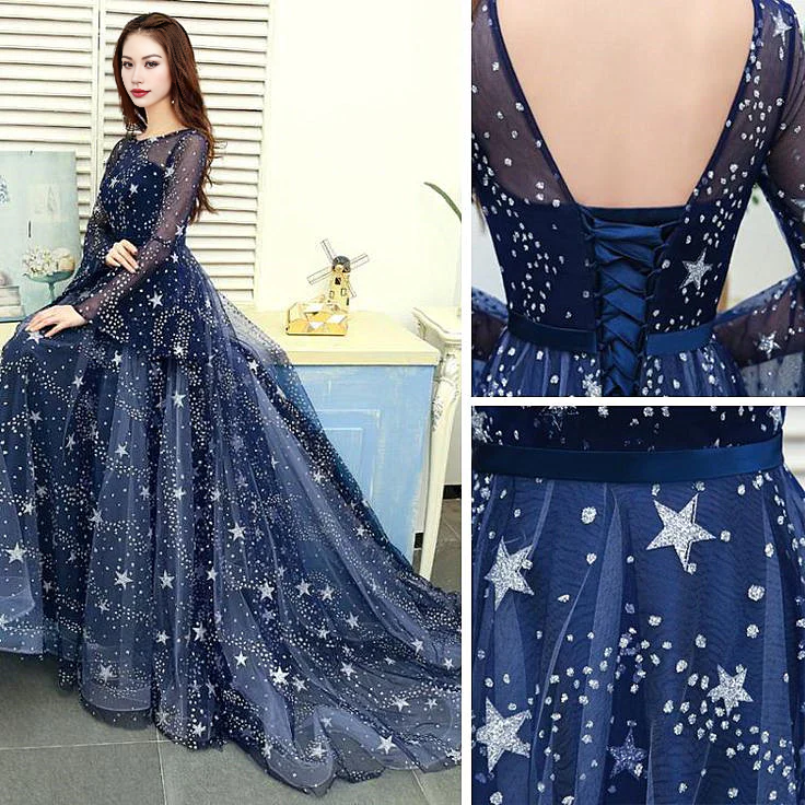 A-line Glitter Tulle Navy Blue Round Neckline Long Party Dress Prom Dress With Sweep Train