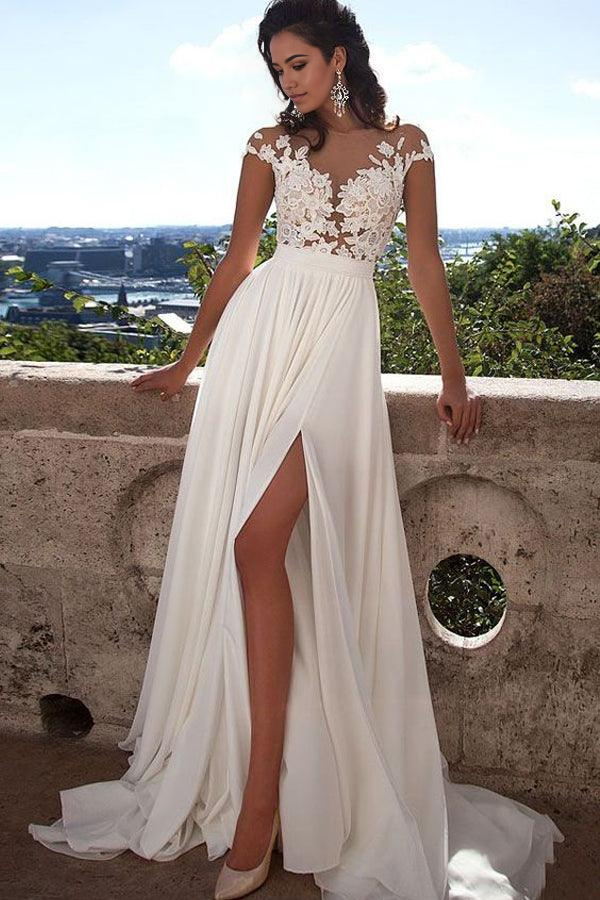 A-line Appliques lace Side Slit Chiffon formal dresses Party Evening Prom Dresses Wedding Dresses