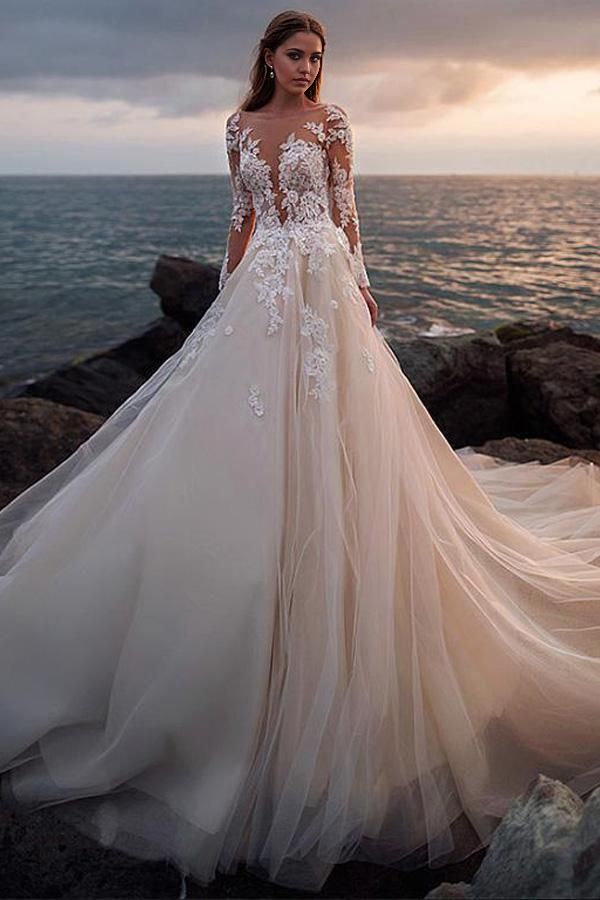 A-line Beach Ivory Tulle Wedding Dress with Illusion Lace Long Sleeves