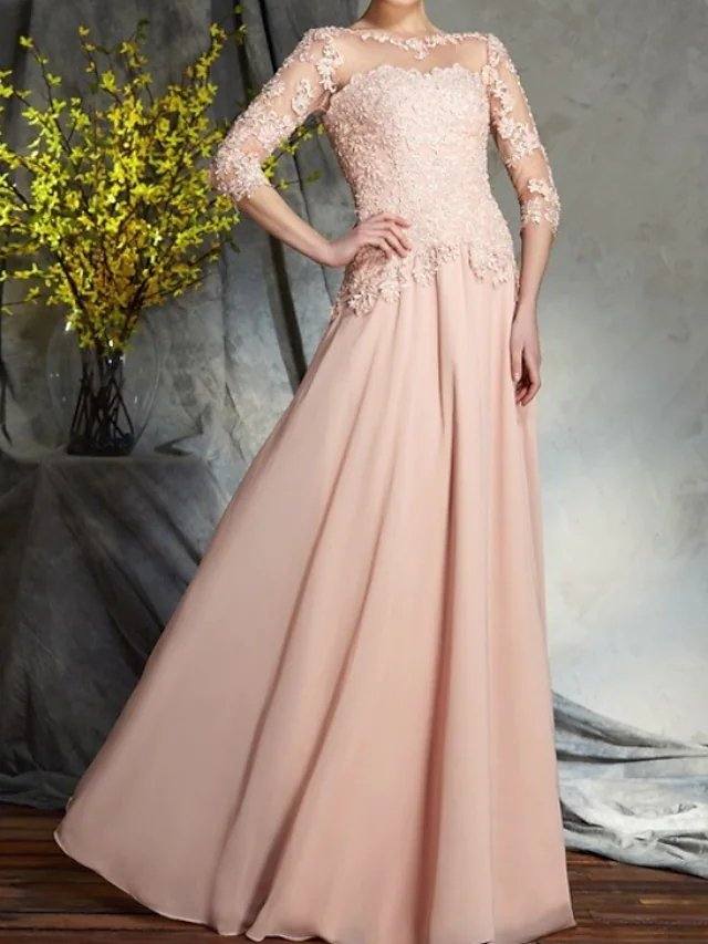A-Line Mother of the Bride Dress Elegant Jewel Neck Floor Length Chiffon Lace Half Sleeve with Pleats Appliques - RongMoon