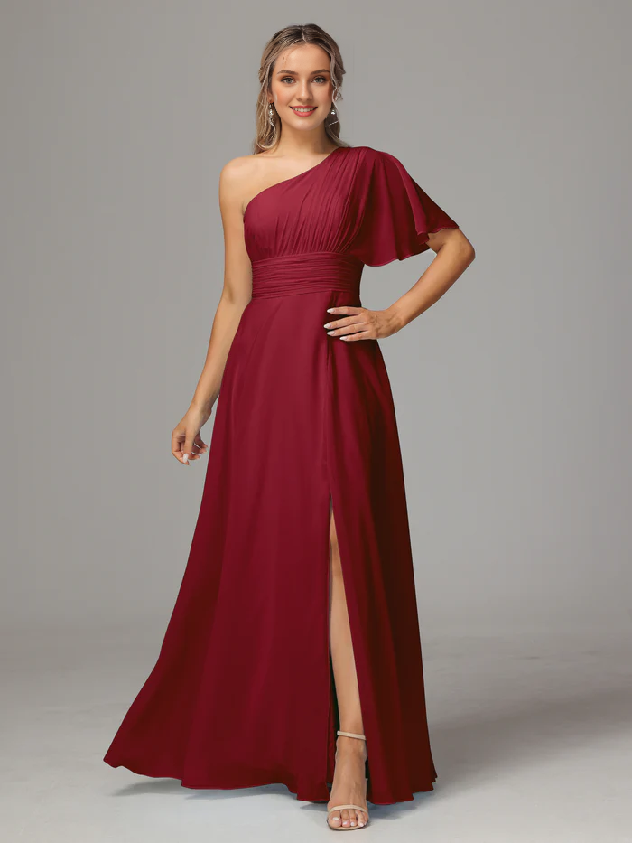 A shoulder slit chiffon bridesmaid dress