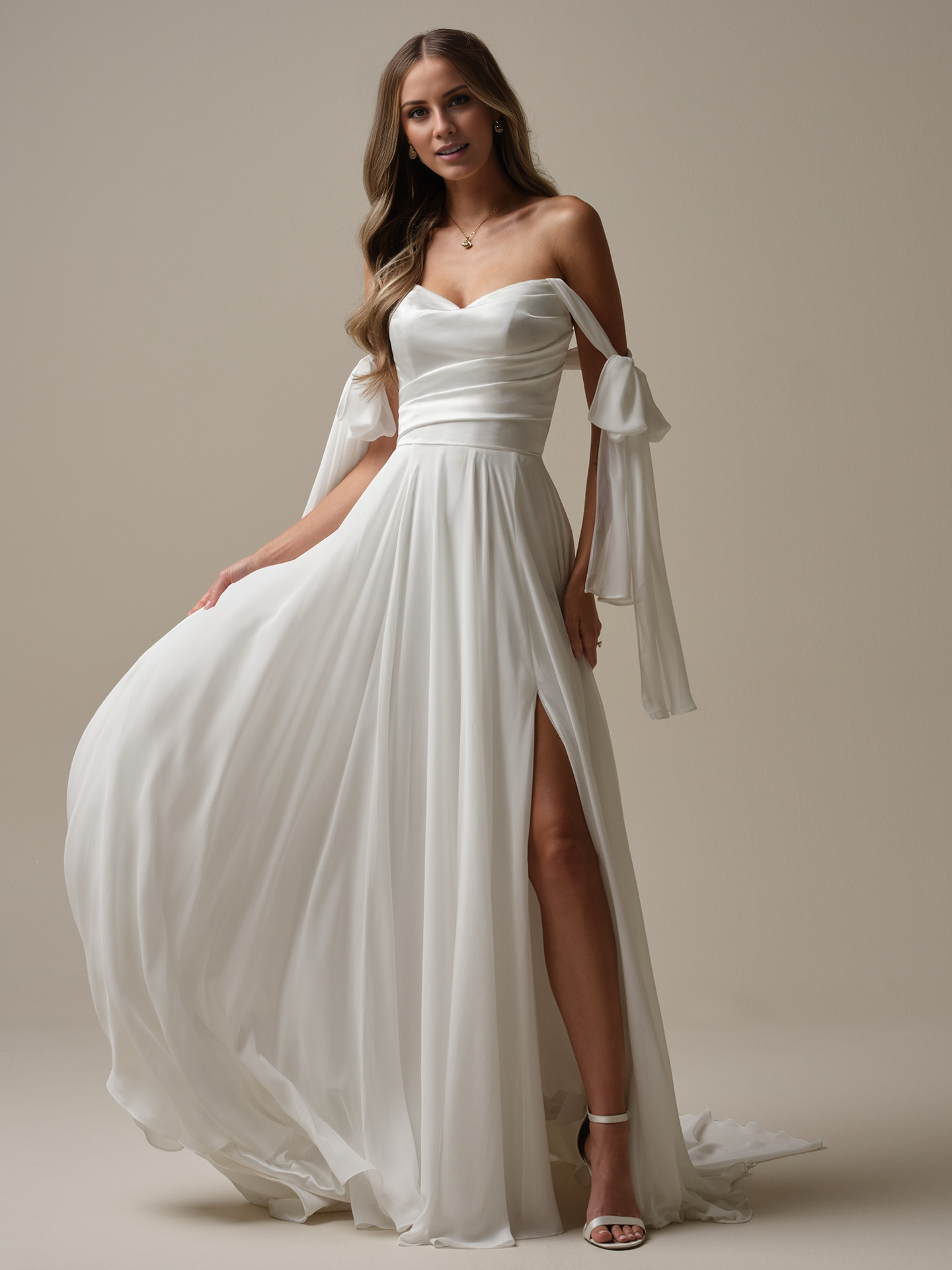 A-line chiffon hanging strapless and floor length wedding dress
