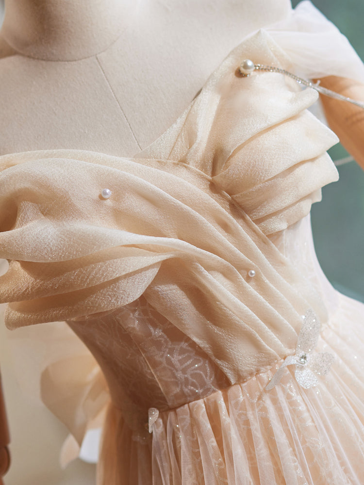 A Line Champagne Off the Shoulder Ruched Long Prom Dresses