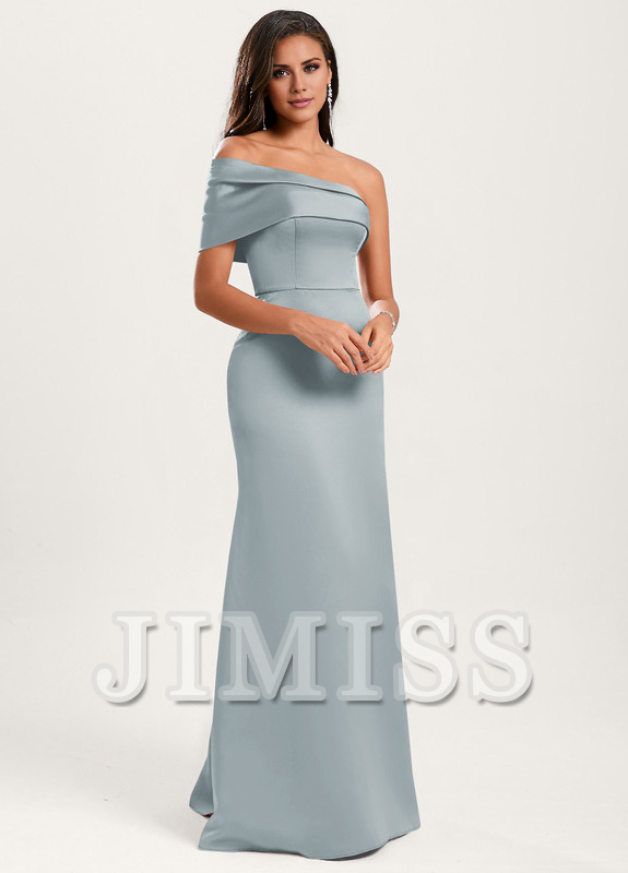 A-line asymmetric neckline floor-length satin bridesmaids dress