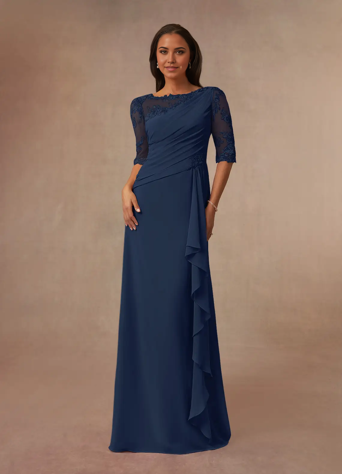 A-Line Boatneck Lace Chiffon Dark Navy formal dresses evening dress Mother of the Bride Dresses