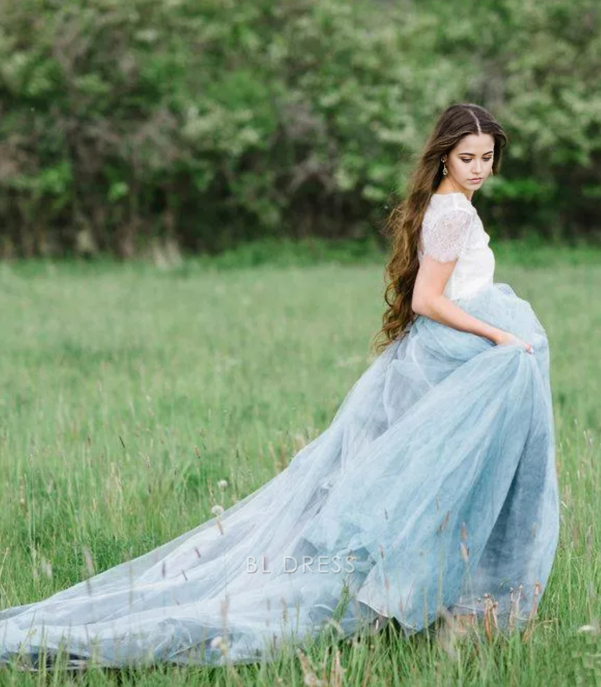 A Line Beautiful lace Top Short Sleeves Prom Dress Wedding Dresses