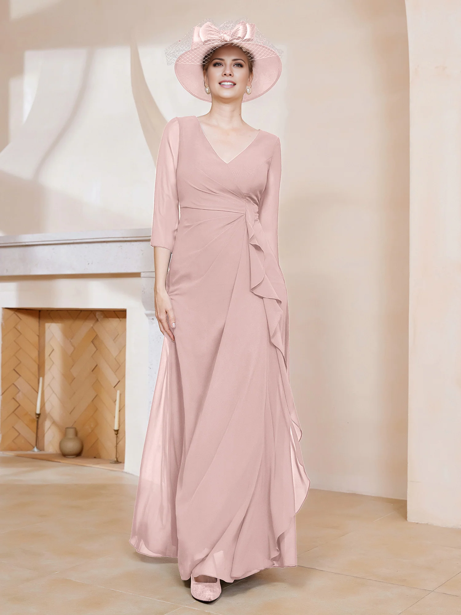 3/4 long sleeved V-neck pleated long mother of the bride dress