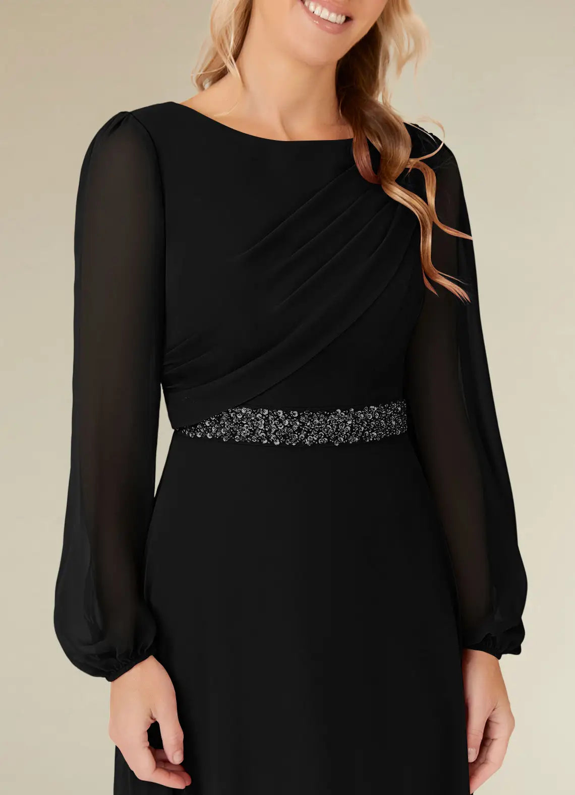 A-Line Boatneck Pleated Chiffon Long Sleeve Black Mother of the Bride Dresses