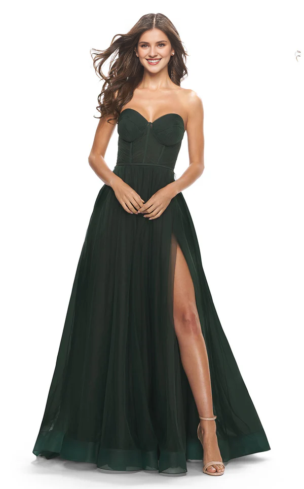 A-line heart-shaped collar sheer strapless tight corset with side slits and floor length Prom dress