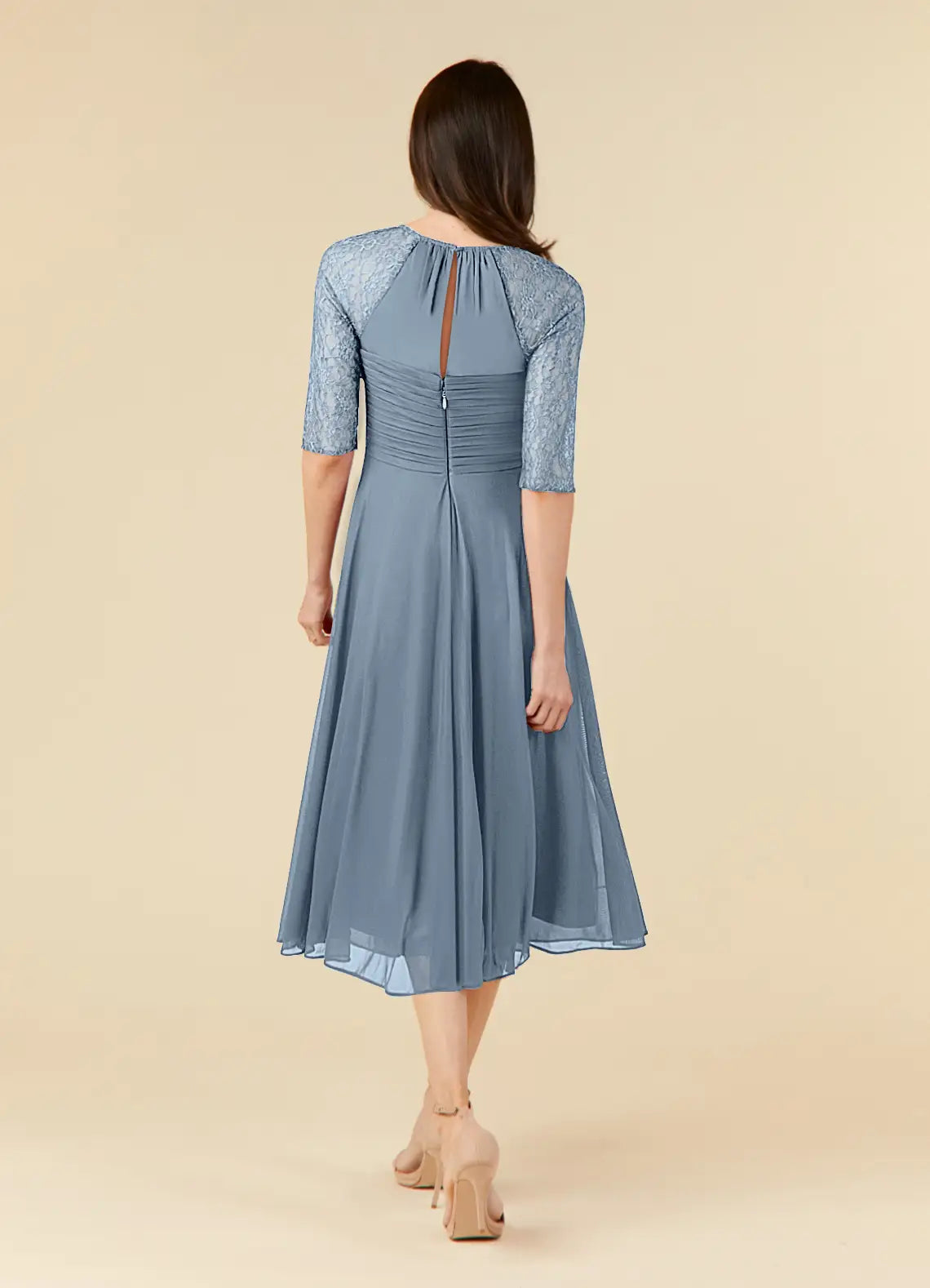 A-Line Lace Tea Length Dusty Blue formal dresses evening dress Mother of the Bride Dresses