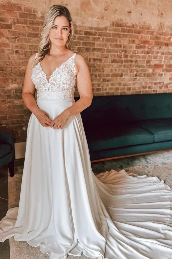 A Line Floral Lace Open Back Ivory Long Wedding Dresses