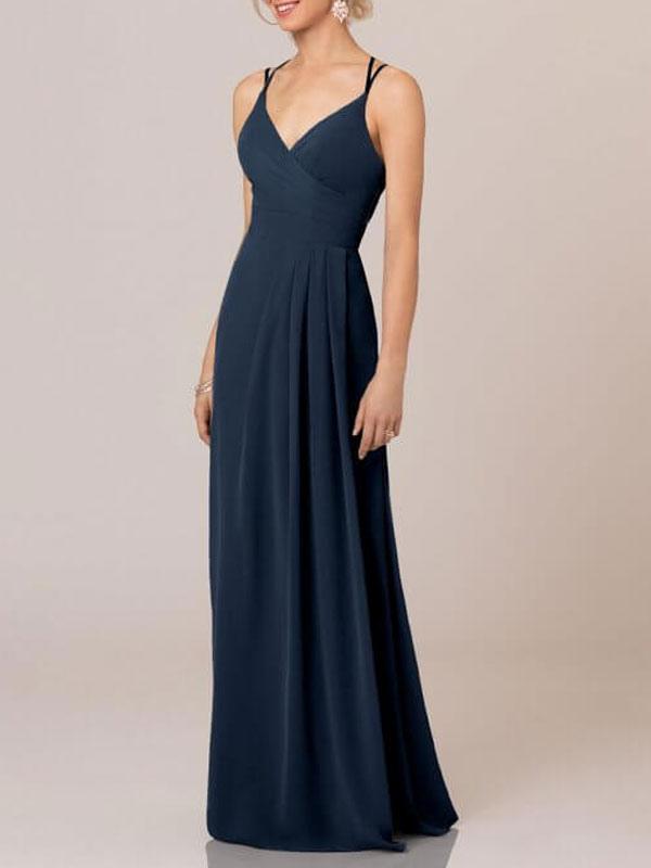 A Line V Neck Sleeveless Backless Pleated Chiffon Floor Length formal dresses evening gown Bridesmaid Dresses