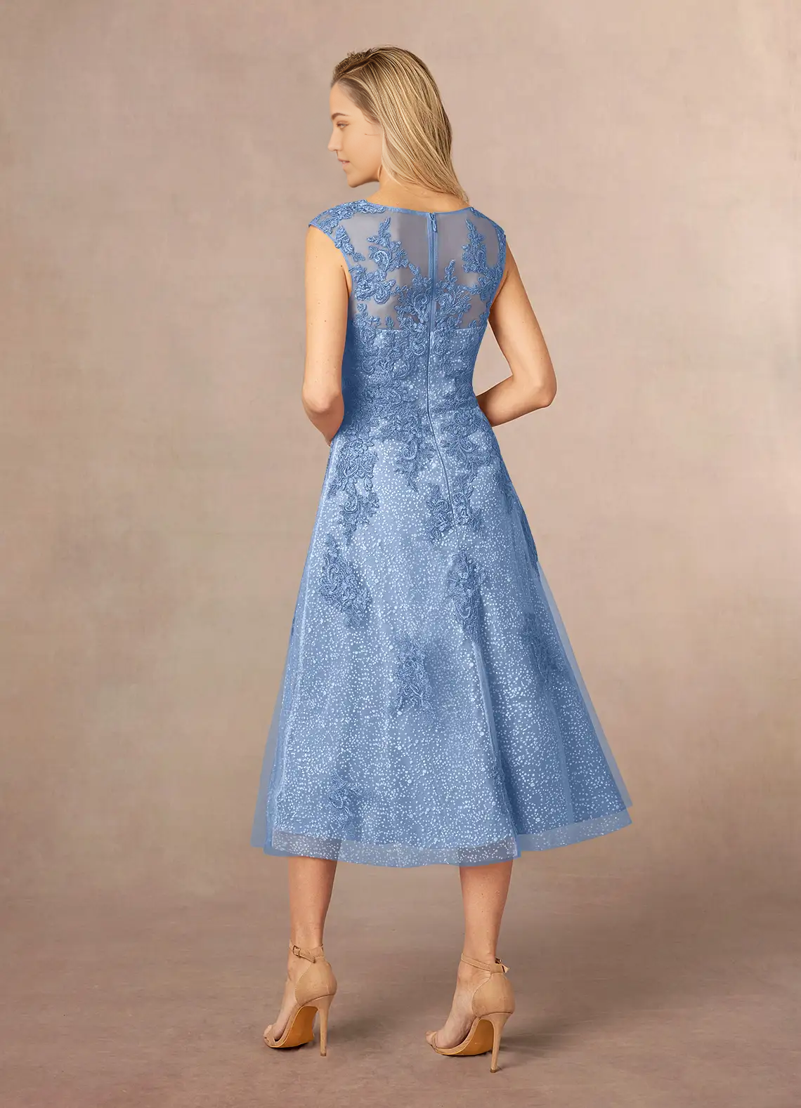 A-Line Boatneck Lace Tulle Tea Length Steel Blue formal dresses evening dress Mother of the Bride Dresses