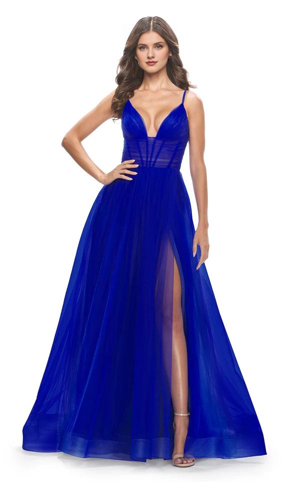 A-line deep V-neckline tight corset with thin shoulder straps sheer and floor length prom ress