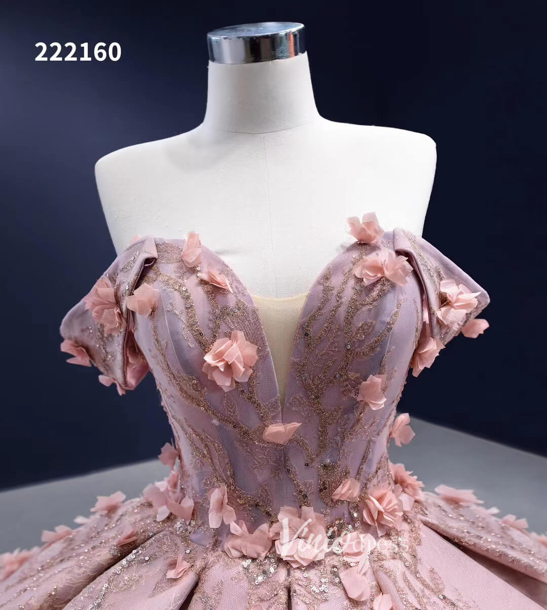 3D Flower Pink Quince Dresses Ball Gown Wedding Dress Off the Shoulder 222160