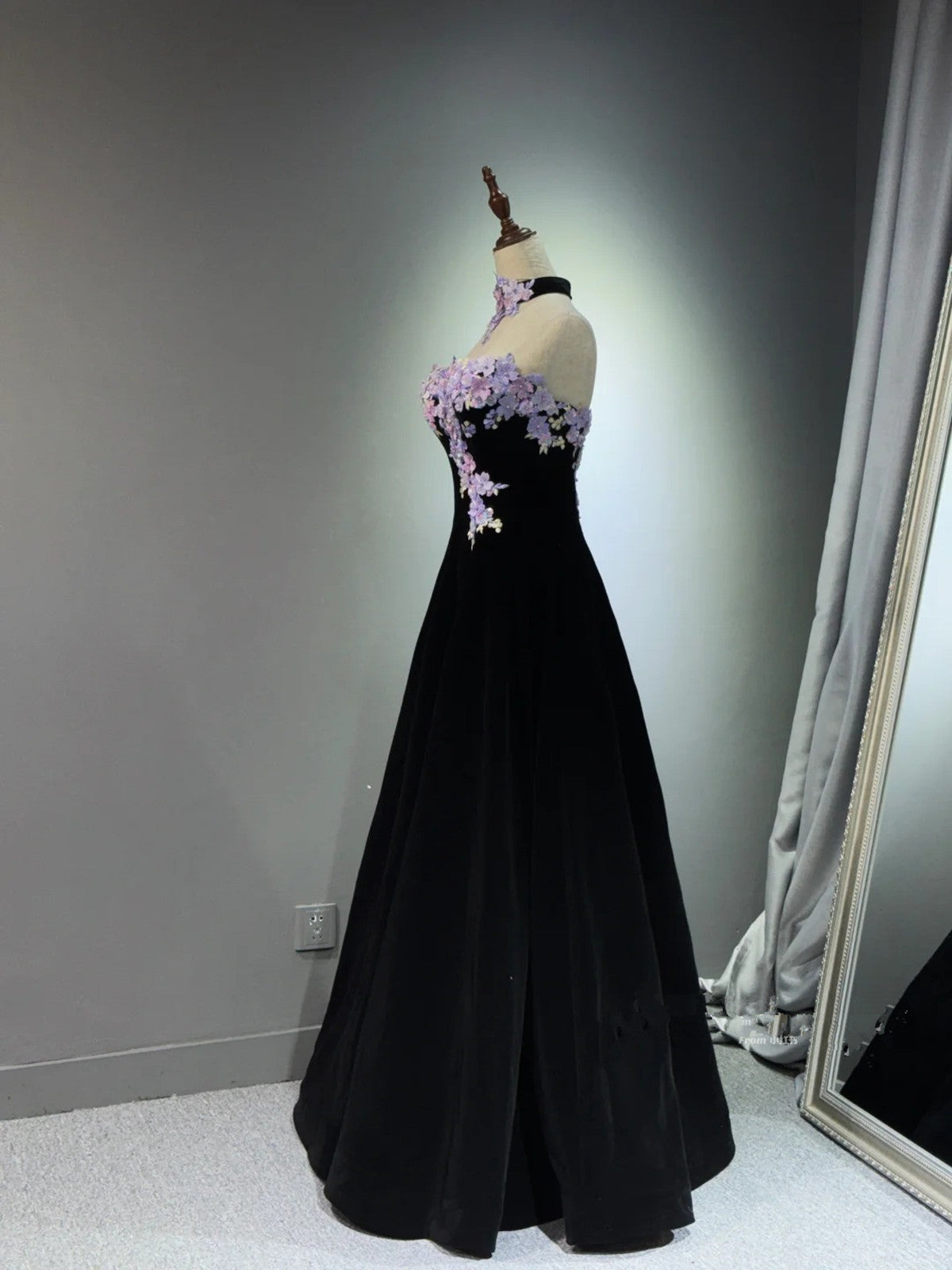 A-line Black Velvet Long Party Dress with Lace Applique, Black Velvet Prom Dress