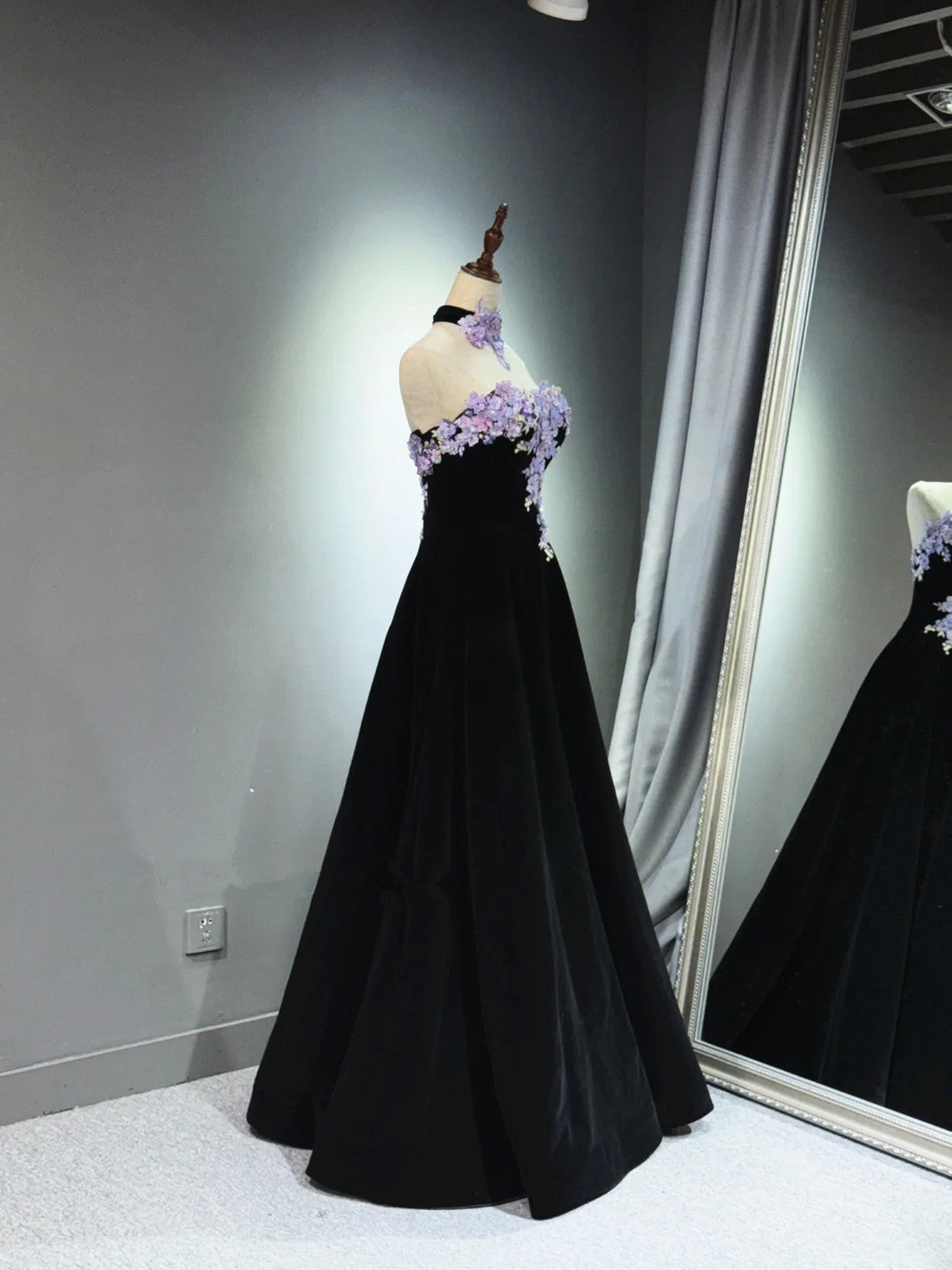 A-line Black Velvet Long Party Dress with Lace Applique, Black Velvet Prom Dress