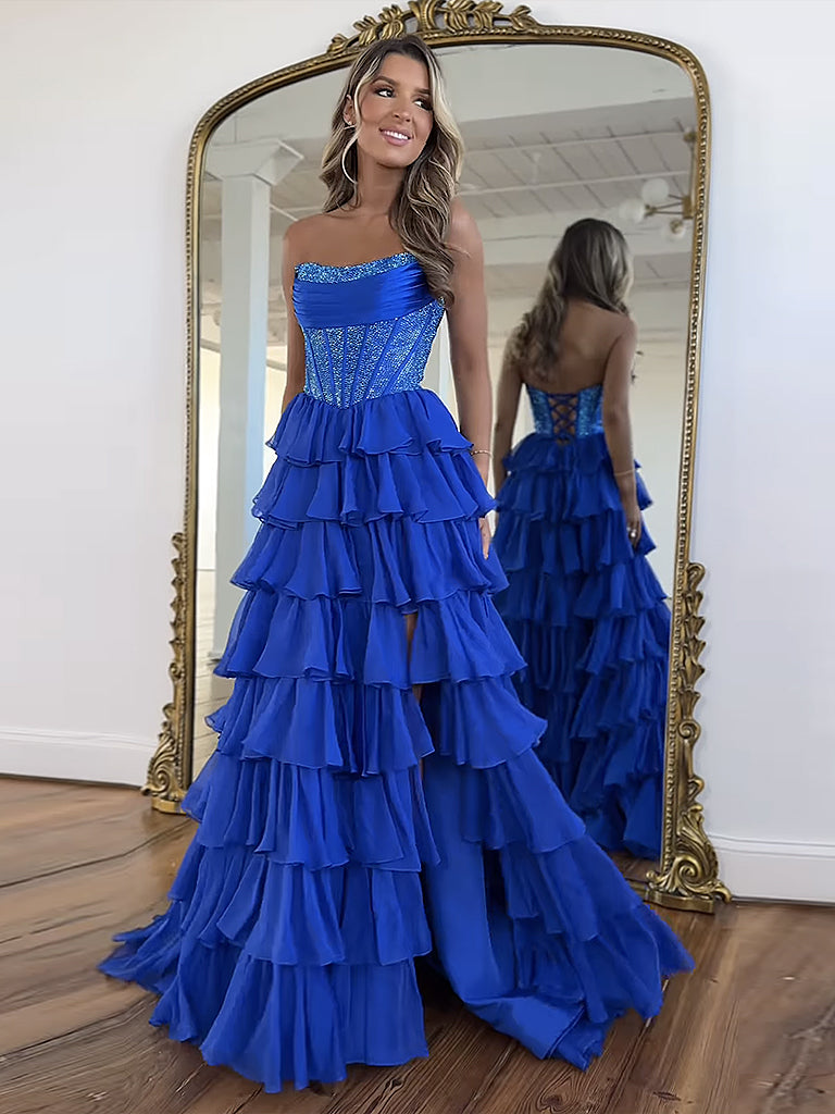 A-Line Chiffon Blue Long Prom Dress, Blue Long Evening Dress